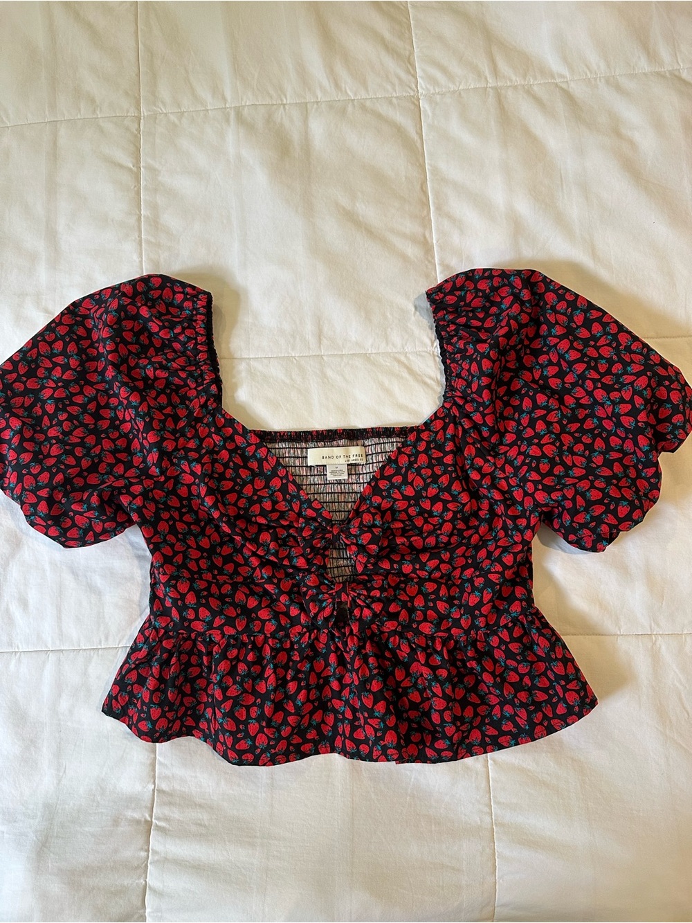 Red Strawberry-Print Puff-Sleeve Crop Top - Women